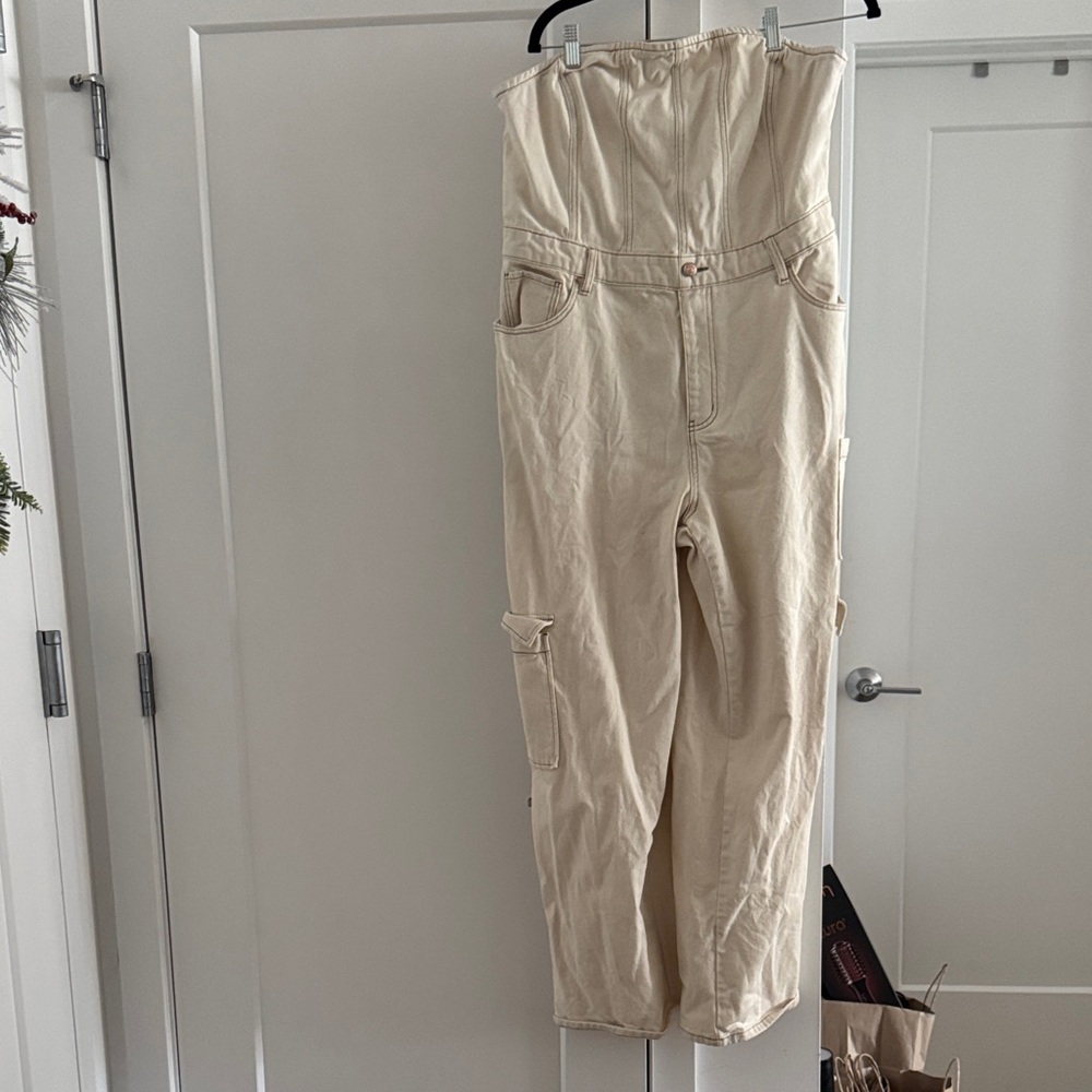 Women Cream Cargo Denim Jumpsuit